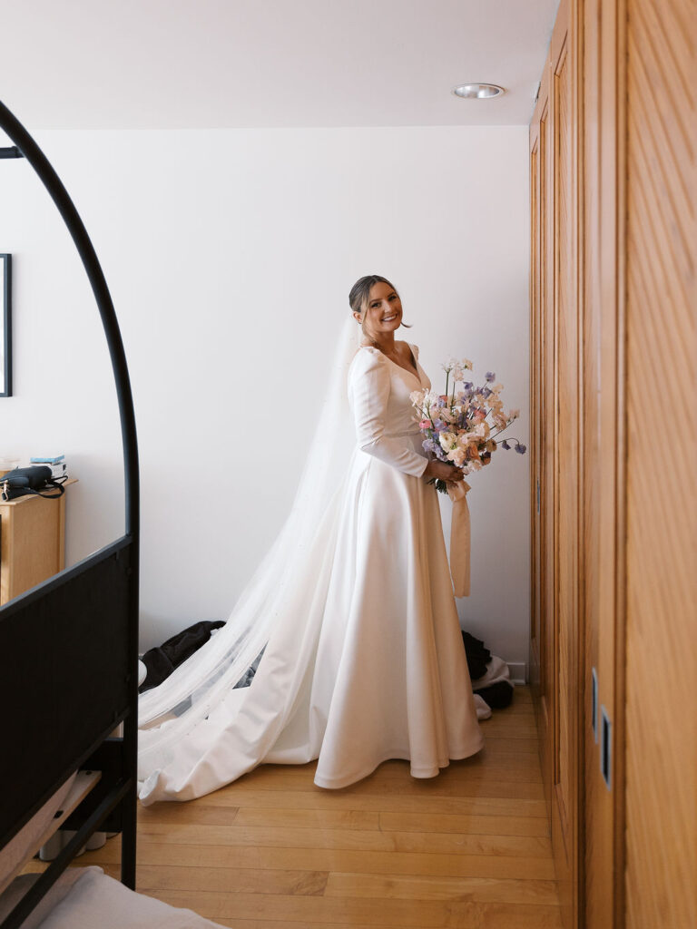 bridal portrait Michigan Micro-wedding on film in falling snow, Fennville MI