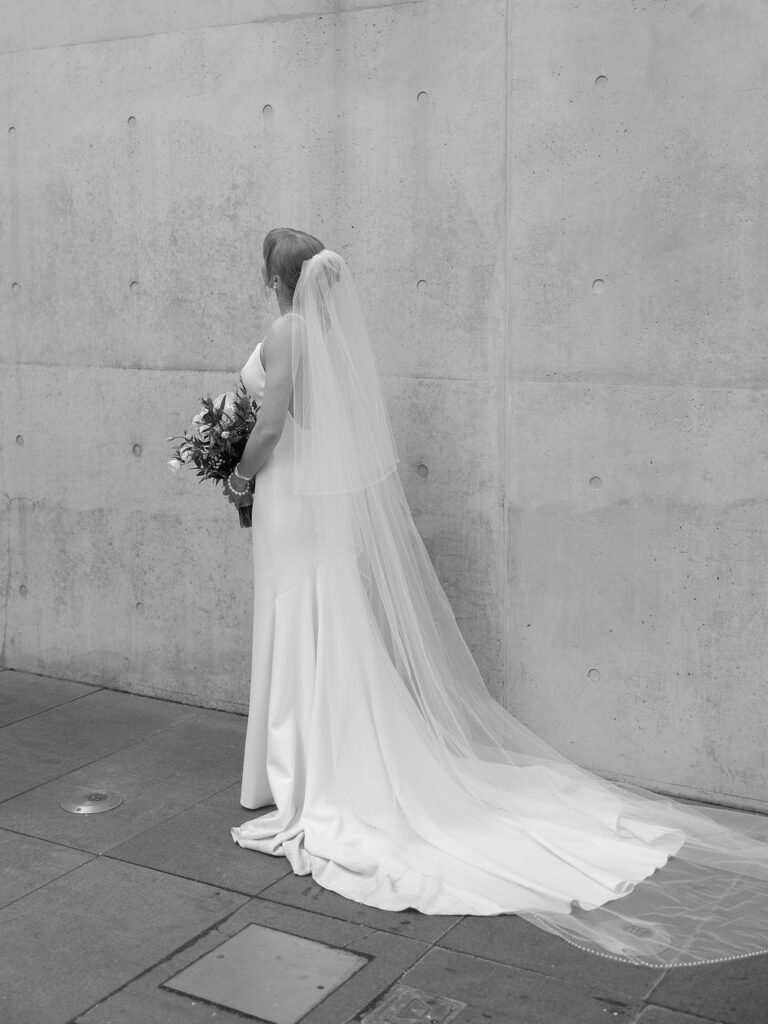Elevated wedding party portrait in front of the Grand Rapids Art Museum steps