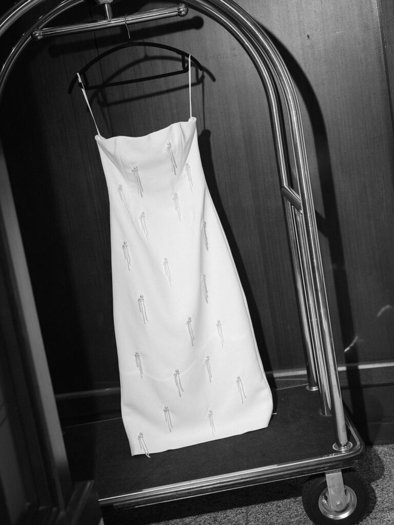 wedding the Grand Rapids Art Museum with clean architectural lines in the background on 35mm film