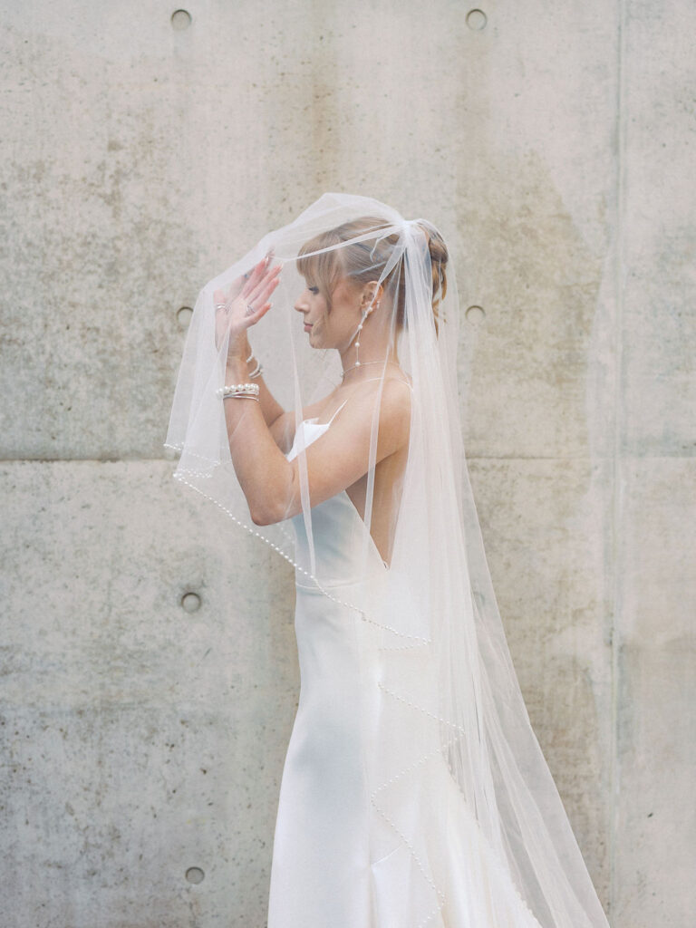 Elevated wedding party portrait in front of the Grand Rapids Art Museum steps
