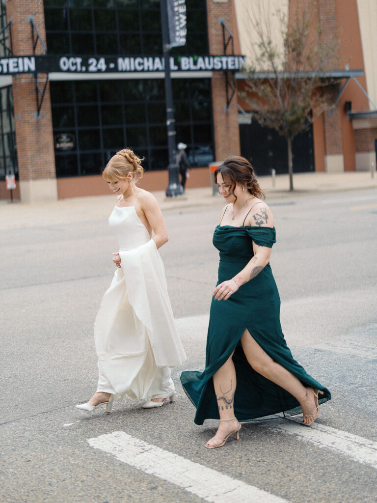 wedding the Grand Rapids Art Museum with clean architectural lines in the background on 35mm film