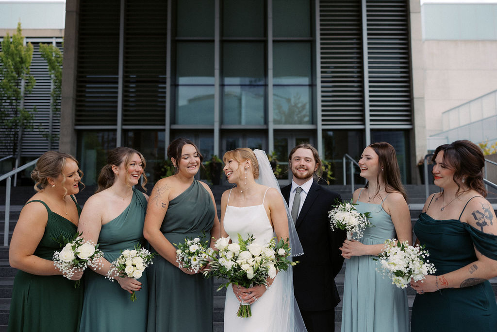 wedding the Grand Rapids Art Museum with clean architectural lines in the background on 35mm film