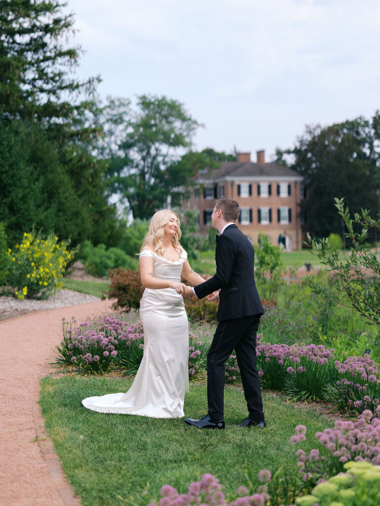 first look Elegant and romantic late summer Chicago garden estate wedding