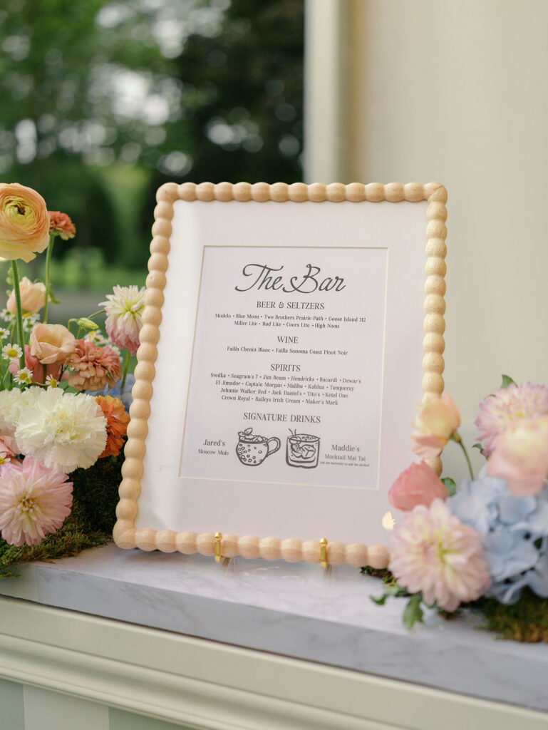 custom cocktails signage Elegant and romantic late summer Chicago garden estate wedding