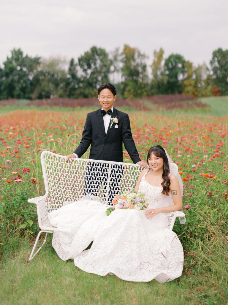 Of the Land Wedding Photos in Michigan on film, joyful celebration with lush florals and bride and groom laughing