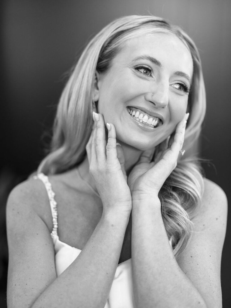 Bride and groom smiling in the sunshine outside Port 393 on 35mm film
