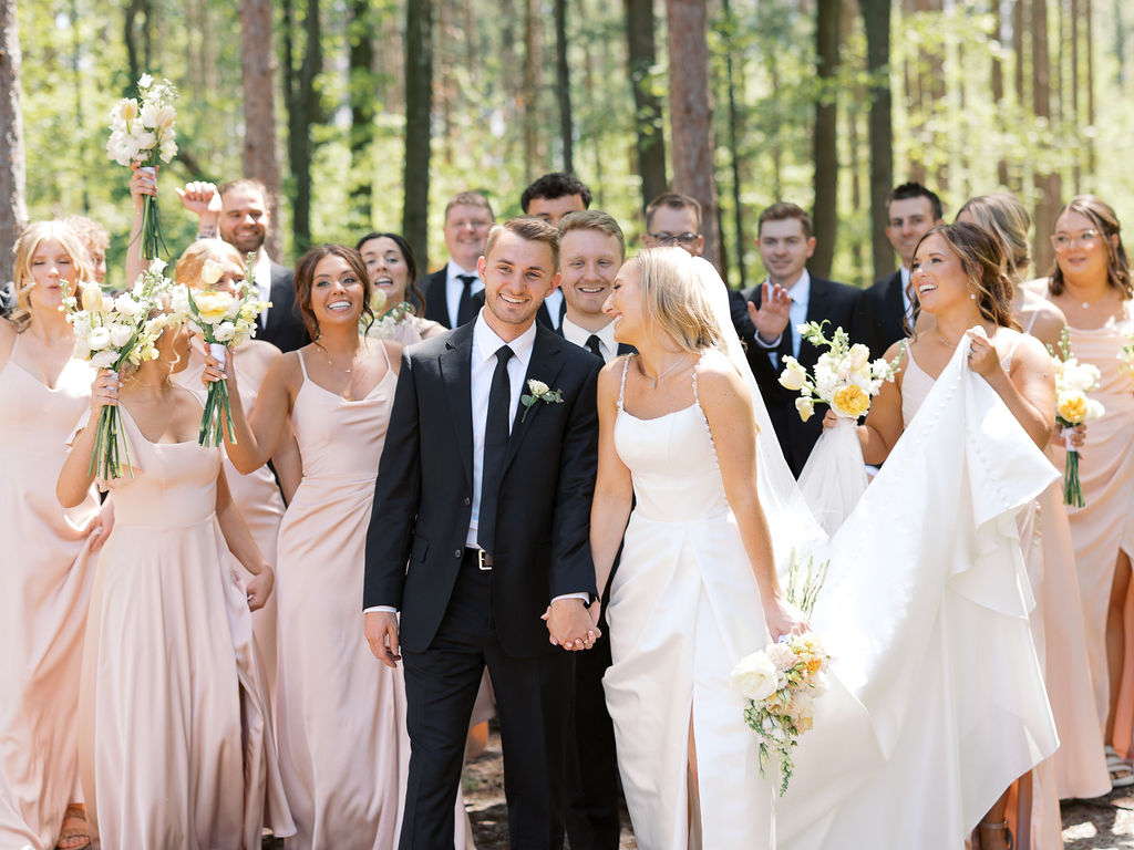 Bride and groom smiling in the sunshine outside Port 393 on 35mm film