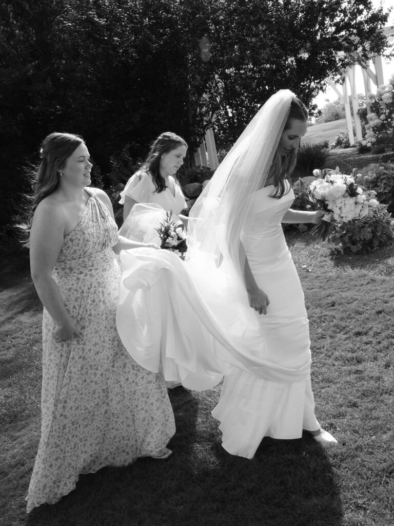 bride and groom portrait at The Union Pavilion at Railside with soft romantic florals and greenery on film