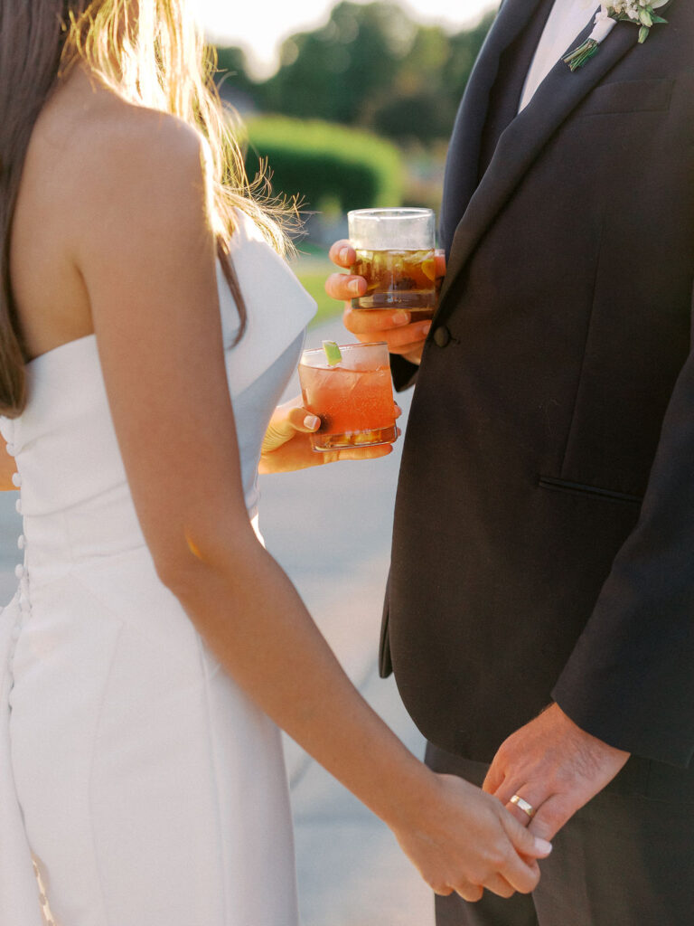 bride and groom portrait at The Union Pavilion at Railside with soft romantic florals and greenery on film