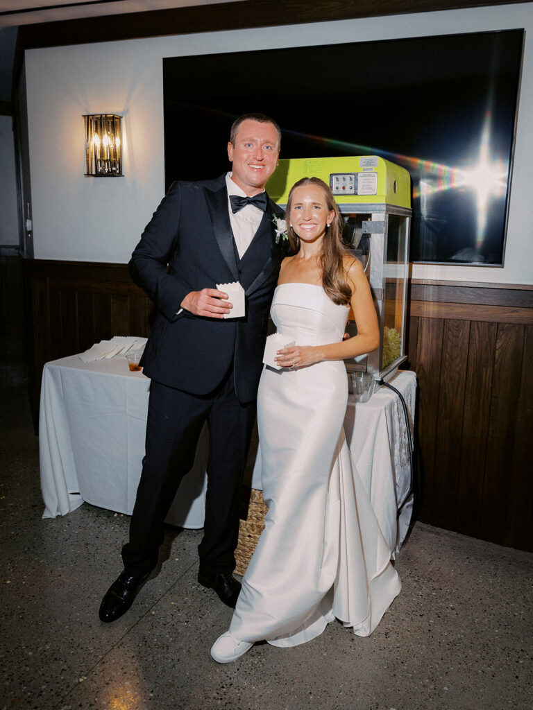 bride and groom portrait at The Union Pavilion at Railside with soft romantic florals and greenery on film
