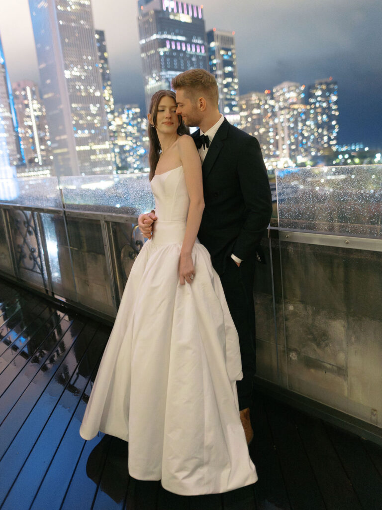 Romantic wedding portraits inside the University Club of Chicago library with warm evening afternoon light